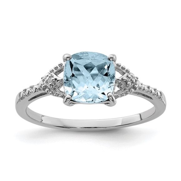 Sterling Silver Diamond & Aquamarine Ring (March)